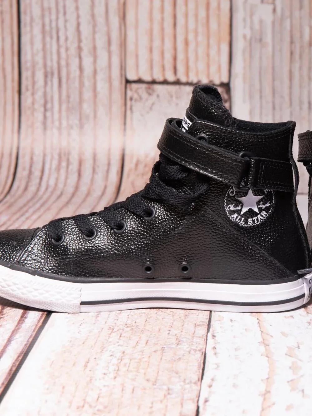 Converse All Star BREA Kids Black Leather Hi Top Strap Sneakers Youth Size 3